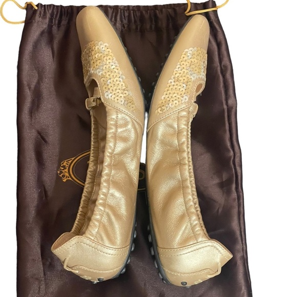 TOD'S Gold and Sequin Square toe flats size 8 - Picture 3 of 15